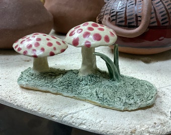 Ceramic Mushroom Figurine, handmade stoneware pottery, twice fired, one of a kind, artist signed