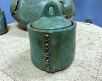 Ceramic Jar with lid, copper green and gold rivets, one of a kind handmade stoneware pottery, twice fired, artist signed