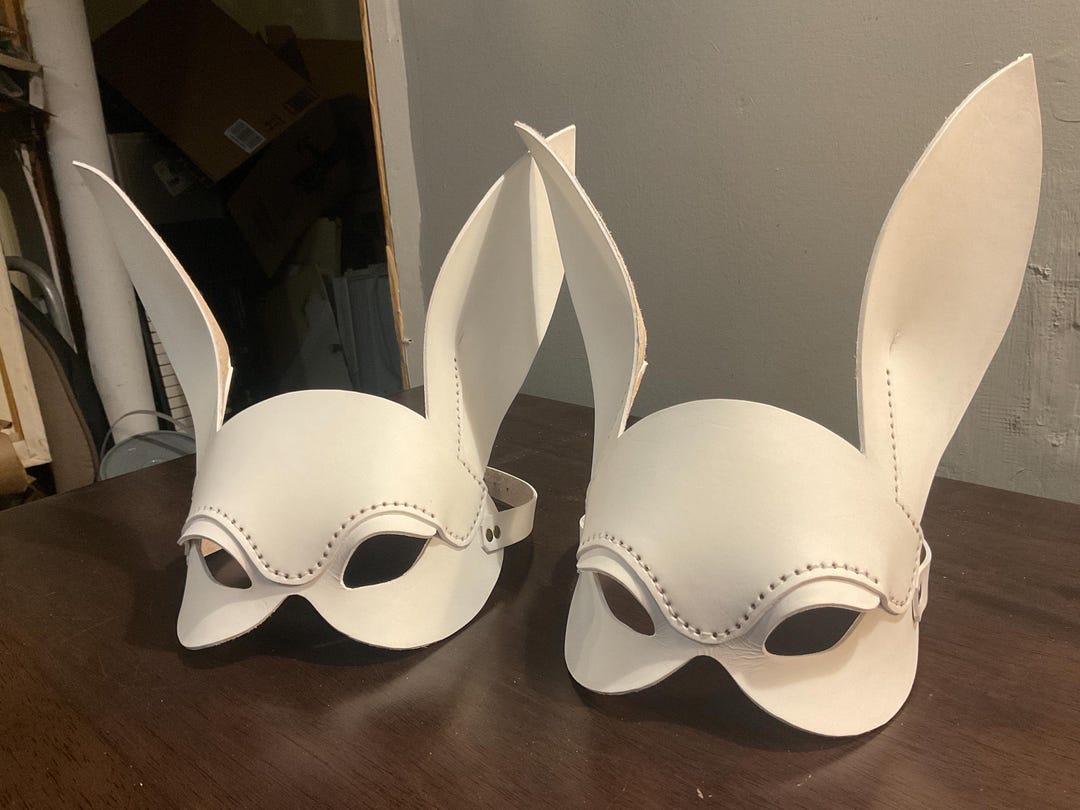White Color Rabbit Mask White Leather Rabbit Mask, Hand Stitched, Halloween, Adjustable Adult ...