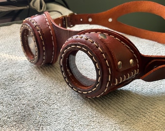 Steampunk Goggles with Lexan Lenses, Genuine Leather Hand Stitched, Handmade