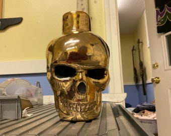 Ceramic Golden 2 faced Skull beaker sculpture, handmade stoneware pottery, one of a kind, artist signed