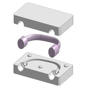 May include: A 3D rendering of a light purple handle with rounded ends, positioned between two grey rectangular components. The top component has curved cutouts, and the bottom component has a matching recess for the handle.