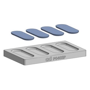 May include: A grey rectangular tray with four oval recesses, alongside four blue oval pieces. The tray is marked with the text "ad P0402P". These items are likely parts of a larger product or assembly.