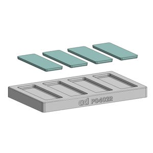 May include: A gray rectangular tray with four recessed compartments, each holding a light teal rectangular insert. The tray has the text "ad P0402R" on its side. The inserts are separate from the tray.