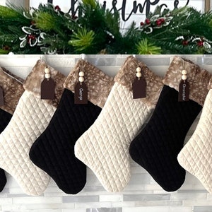 Personalized Christmas Stockings, quilted holiday stockings, beige stockings, black stockings, fur christmas stockings, deer stockings