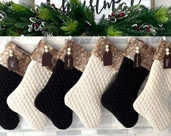 Personalized Christmas Stockings, quilted holiday stockings, beige stockings, black stockings, fur christmas stockings, deer stockings