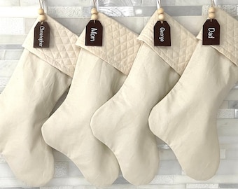 Personalized Christmas Stockings, linen holiday stockings, quilted stockings, family christmas stockings, holiday decor, beige, neutral