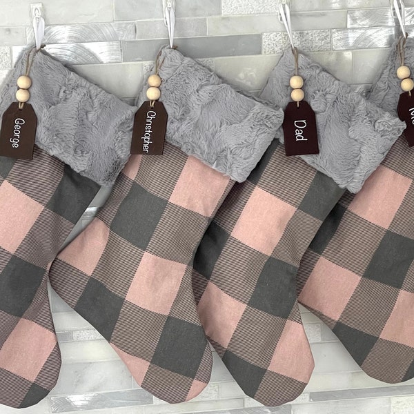 Personalized Christmas Stockings, buffalo plaid holiday stockings, pink and gray stockings, fur christmas stockings, holiday decor