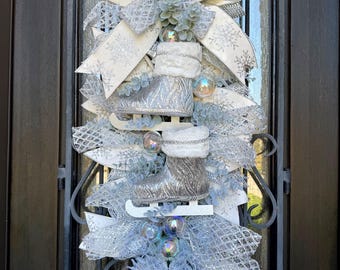 Ice Skates Christmas Swag, Silver White Holiday Wreath