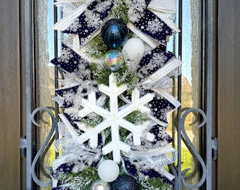 Snowflake Christmas Swag, Navy Silver Holiday Wreath