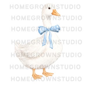 May include: A watercolor illustration of a white goose with orange feet and an orange beak, wearing a light blue ribbon tied in a bow around its neck. The text HOMEGROWNSTUDIO is repeated in light gray across the image background.