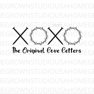 May include: Black and white graphic design featuring the letters XOXO, with the X's represented by nails and the O's by a crown of thorns. The text "the Original Love Letters" is below the symbols.