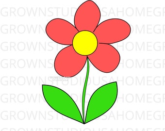 Flor Svg, Flor de primavera con hojas Svg, Retro Flower Clipart, Hojas de tallo, Svg, Dxf, Eps Png Jpg, Descarga instantánea para Cricut, Silhouette
