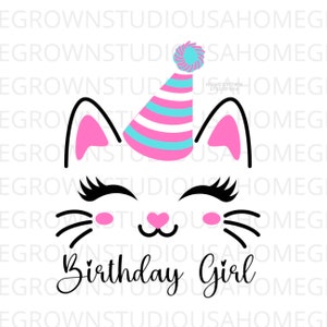 Cara de gato svg, cumpleaños gato cara fiesta sombrero svg, feliz cumpleaños camisa descarga digital, svg png dxf eps, archivos jpg