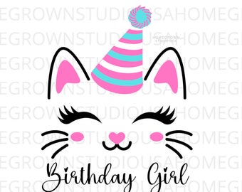 Geburtstag Katze Gesicht SVG, Party Hut Clipart (digitaler Download)