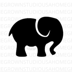Puede incluir: Silueta negra de un elefante con grandes orejas y una trompa enrollada. El diseño es minimalista y adecuado para diversas aplicaciones. El texto "HOMEGROWN STUDIO USA" es visible. El elefante es un animal popular.