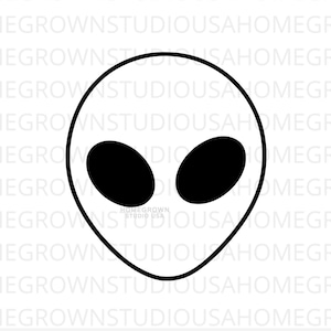 May include: A black and white graphic of an alien face. The alien has a large oval head shape with two large, black oval eyes. The text "HOMEGROWN STUDIO USA" is at the bottom.