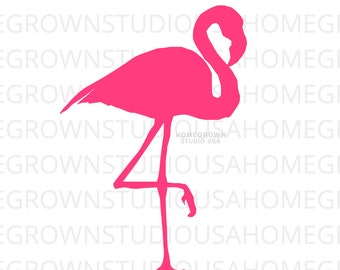 Könnte beinhalten: Eine rosafarbene Flamingosilhouette mit einem gebeugten Bein, die auf einem weißen Hintergrund steht. Der Flamingo blickt nach rechts.