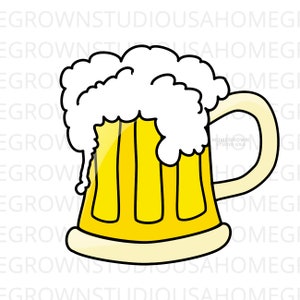 May include: A cartoon illustration of a beer mug filled with yellow beer and topped with white foam. The mug has a yellow handle and vertical lines. The text "HOMEGROWN STUDIO USA" is visible on the handle.