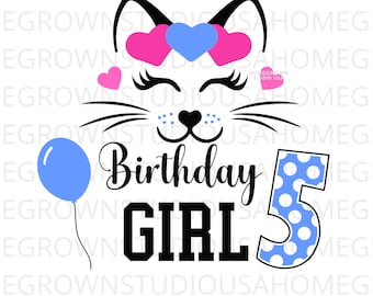 Katzengesicht Geburtstag Mädchen SVG, 5. Geburtstag Mädchen Png, Katzengesicht SVG, alles Gute zum Geburtstag Shirt digitaler Download, SVG Png Dxf Eps, Jpg Dateien