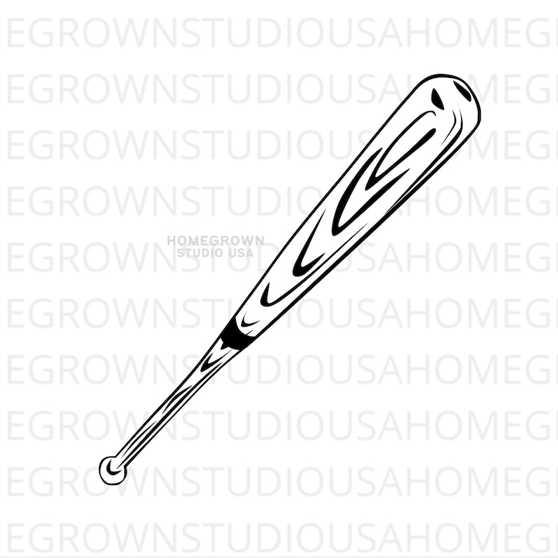 May include: A black and white illustration of a wooden baseball bat with a grain pattern.
