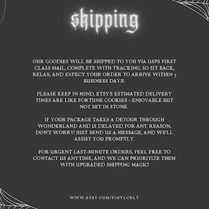 May include: A dark grey graphic with the word "shipping" in a gothic font. The text explains shipping via USPS with tracking, estimated delivery times, and contact information for urgent orders. Spiderwebs and spiders decorate the background.
