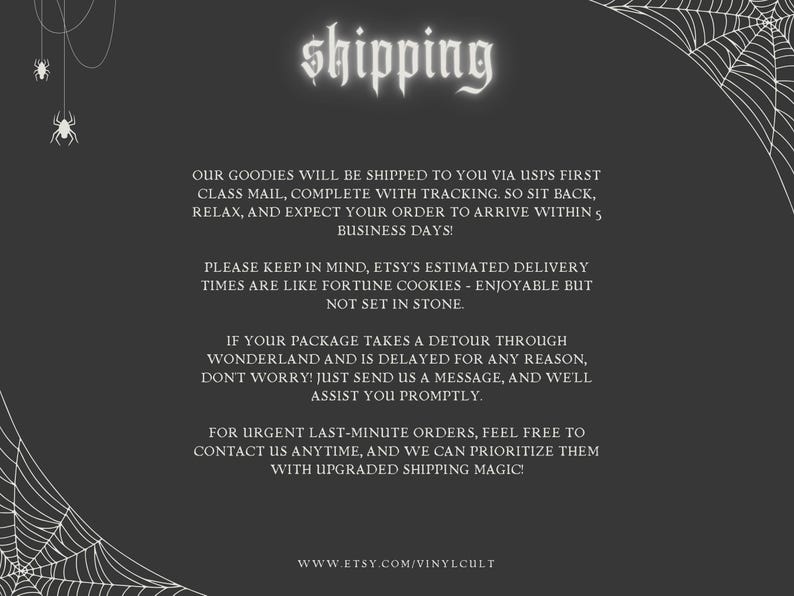 May include: A dark grey graphic with the word "shipping" in a gothic font. The text explains shipping via USPS with tracking, estimated delivery times, and contact information for urgent orders. Spiderwebs and spiders decorate the background.