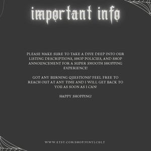 May include: Dark grey graphic with white text reading "important info." The image features spiderwebs and spiders, with text encouraging customers to read shop policies and contact the seller with questions. The Etsy shop URL is also included.