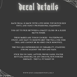 May include: A dark grey background with white text detailing decal features. The text describes the decals as waterproof, easy to remove, and suitable for cars, laptops, and water bottles. Spiderwebs and spiders decorate the edges.