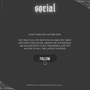 May include: Dark grey graphic with white text that says "social". The image includes spiderwebs, spiders, and the word "FOLLOW" with a cursor. The text encourages viewers to follow the Etsy shop for sales and goodies.