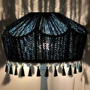 Handmade Blue Tassel Lampshade with Fringe Trim, Large Lamp Shade