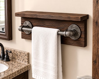 Rustic Towel Holder with Shelf, Industrial Pipe Towel Bar, Floating Wall Shelf for Bathroom, Farmhouse Wood Storage Rack, Housewarming Gift
