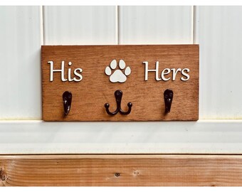 Dog Leash Holder, Key Hook, His and Hers, Entryway Organizer, Rustic, Dog Leash Sign Holder, Wood Dog Leash Holder, Laser Cut Leash Holder