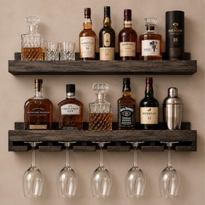 Handcrafted Wood Wine Rack | Rustic Wall Mounted Bar Shelf, Stemware Holder