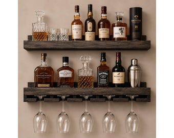 Handcrafted Wood Wine Rack | Rustic Wall Mounted Bar Shelf, Stemware Holder