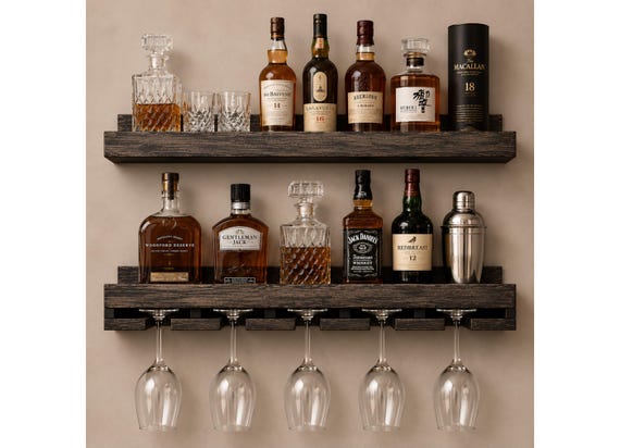 Handcrafted Wood Wine Rack | Rustic Wall Mounted Bar Shelf, Stemware Holder