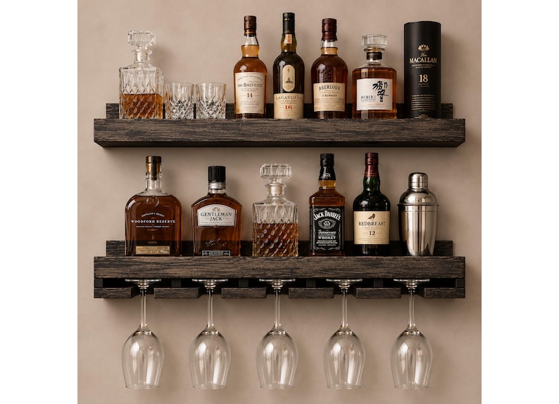 Handcrafted Wood Wine Rack | Rustic Wall Mounted Bar Shelf, Stemware Holder image 1