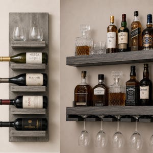Handcrafted Wood Wine Rack | Rustic Wall Mounted Bar Shelf, Stemware Holder image 4