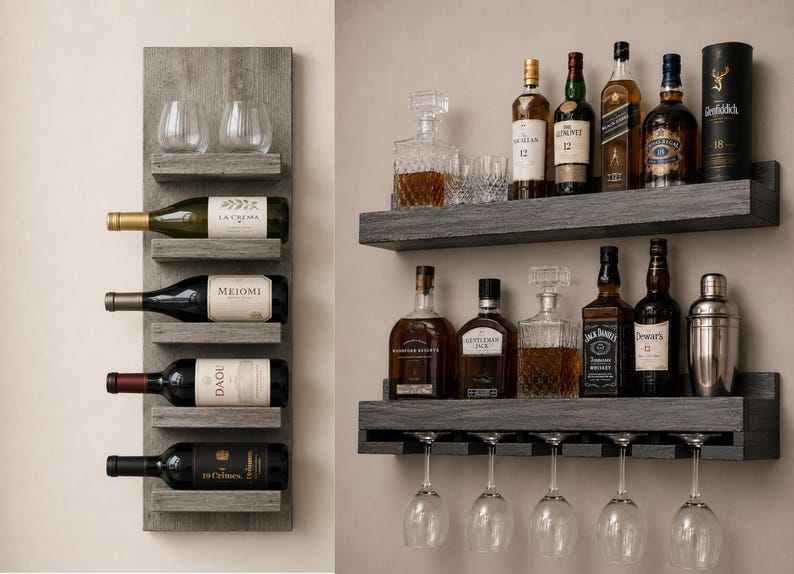 Handcrafted Wood Wine Rack | Rustic Wall Mounted Bar Shelf, Stemware Holder image 4