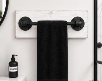 Powder Rooms Towel Holder with Shelf, Industrial Pipe Towel Bar, Floating Wall Shelf for Bathroom, Farmhouse Wood Rack, Housewarming Gift