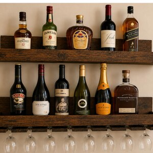 Handcrafted Wood Wine Rack | Rustic Wall Mounted Bar Shelf, Stemware Holder image 6