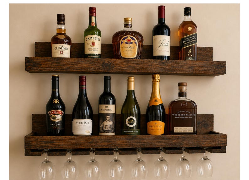 Handcrafted Wood Wine Rack | Rustic Wall Mounted Bar Shelf, Stemware Holder image 6