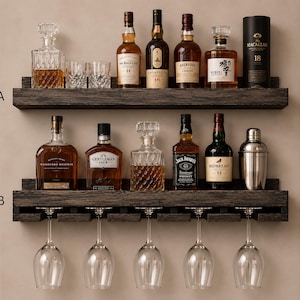 Handcrafted Wood Wine Rack | Rustic Wall Mounted Bar Shelf, Stemware Holder image 2