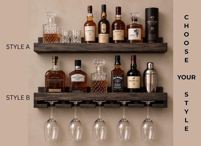 Handcrafted Wood Wine Rack | Rustic Wall Mounted Bar Shelf, Stemware Holder image 2