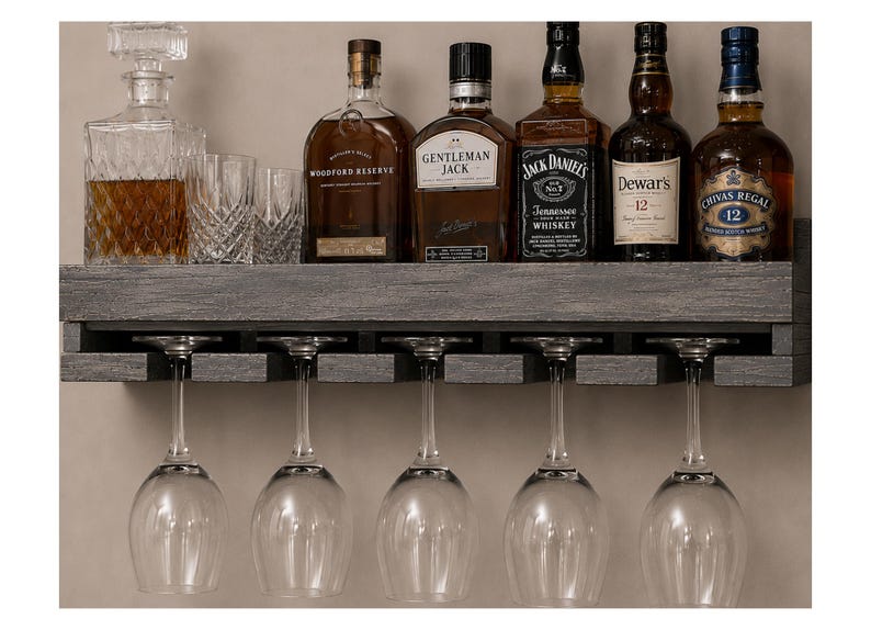 Handcrafted Wood Wine Rack | Rustic Wall Mounted Bar Shelf, Stemware Holder image 3