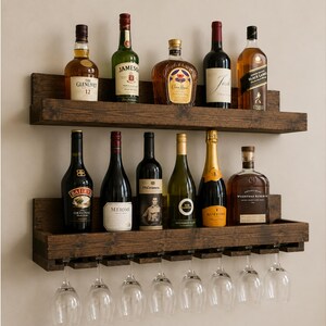 Handcrafted Wood Wine Rack | Rustic Wall Mounted Bar Shelf, Stemware Holder image 5