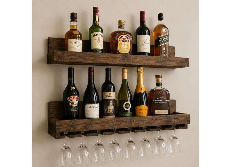 Handcrafted Wood Wine Rack | Rustic Wall Mounted Bar Shelf, Stemware Holder image 5