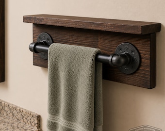 Industrial Pipe Shelf with Towel Bar, Rustic Wood Floating Shelf, Farmhouse Bathroom Storage, Wall Mounted Towel Rack, Housewarming Gift