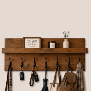 Wall Mount Wooden Coat Rack with Shelf, Entryway Hooks, Dark Walnut Finish