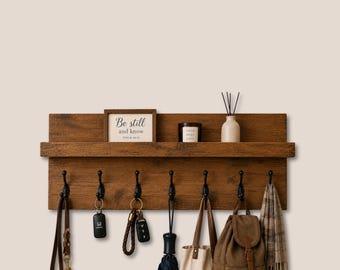 Wall Mount Wooden Coat Rack with Shelf, Entryway Hooks, Dark Walnut Finish